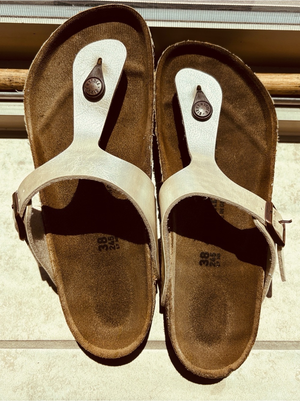 Birkenstock White Leather Thong Sandals with Brown Footbed